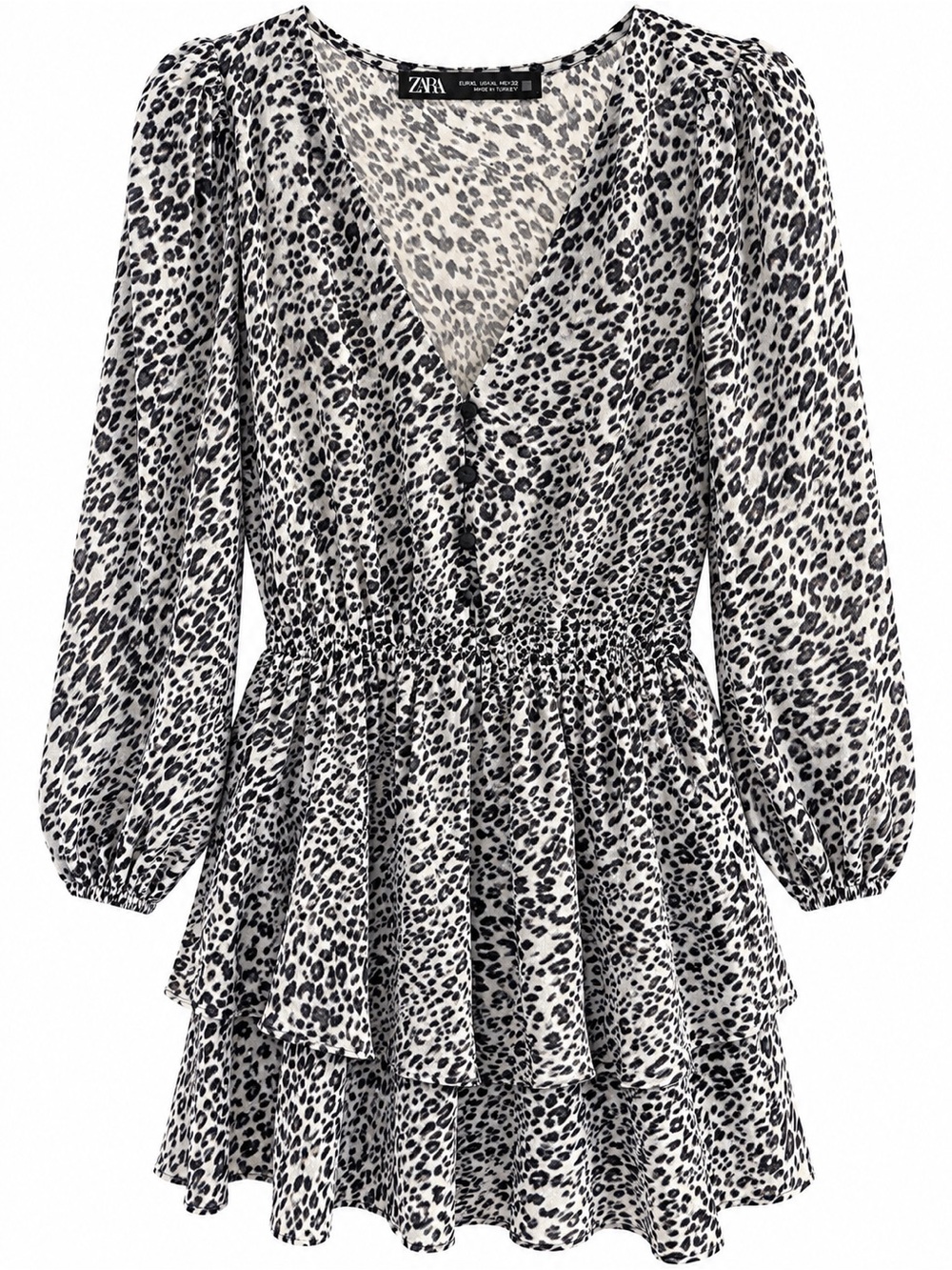 Zara White & Black Leopard-Print Tiered Mini Dress
